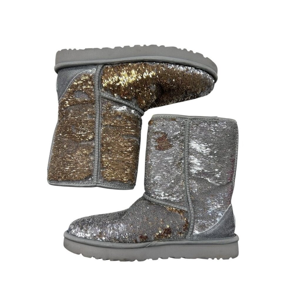 UGG Classic Short Cosmos Sequin Boots Silver Gold SIZE 9